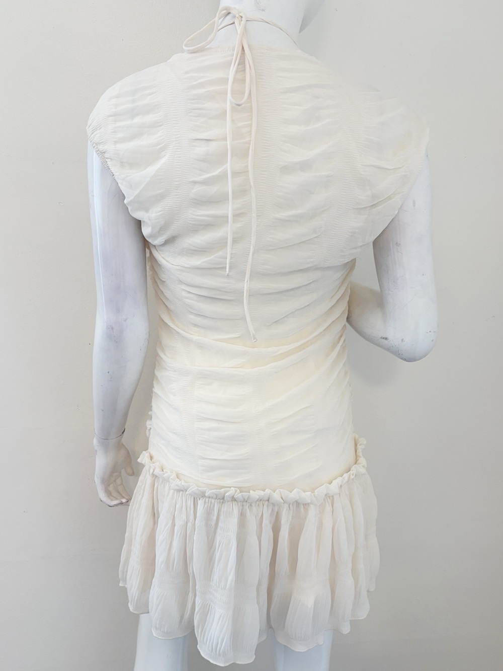 Musera Coquette Milkmaid Ivory Mini Dress w Ruched Tie Details & Chiffon Skirt - Picture 2 of 6